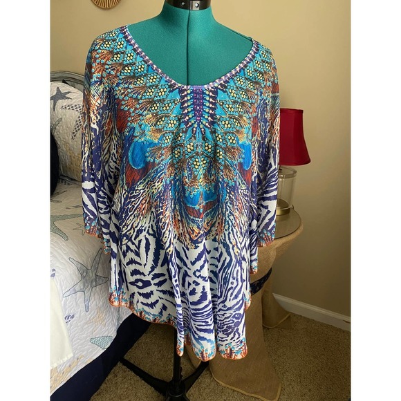 Batwing Blouse One Size Jennifer Rose NY Animal Print Rhinestone Detail NEW - Picture 1 of 8